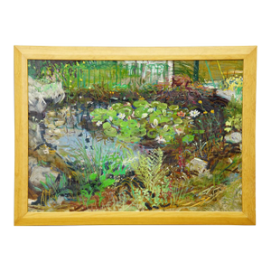 Garden Pond With Water Lilies and Rockery, 1994 – Oil Painting by Alexander Michael