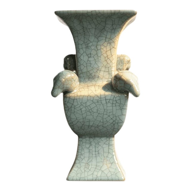 Chinese Ceramic Vase,Guan Ware Crackle Glaze Glaze Celadon Porcelain Vase Hand Carved Four Goat Head Statue For Sale