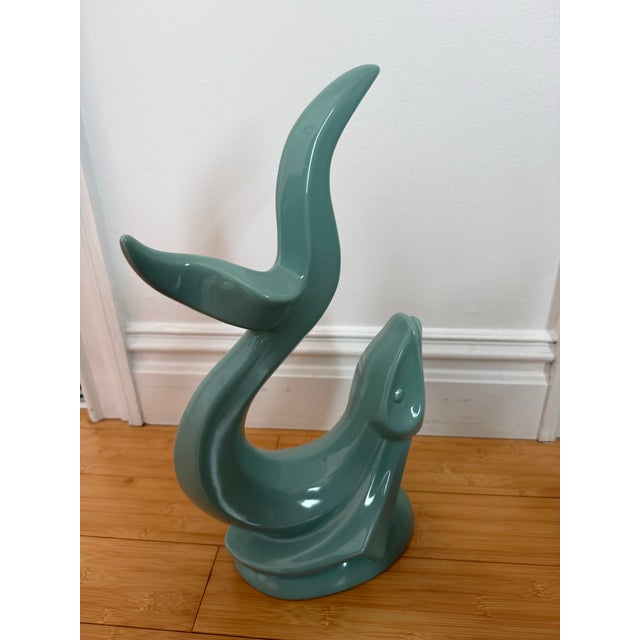 Vintage Haeger Aqua Green Ceramic Flying Fish Statue. Haeger label on the bottom
