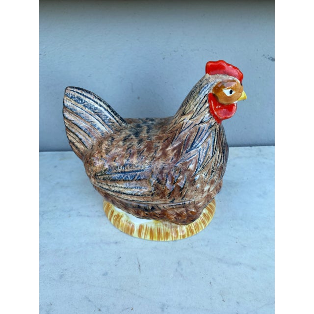 Rustic French Majolica Brown Hen Tureen circa 1950 signed Caugant.