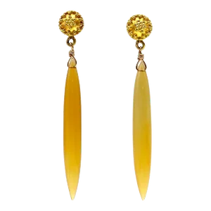 1990s 18k Gold Etruscan Revival Chalcedony Torpedo Drop Earrings, A Pair