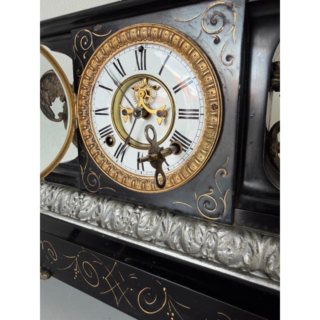 Antique Ansonia “Belgium” Mantel Clock With Gargoyle Mounts, Claw Feet & Original Key For Sale - Image 4 of 17