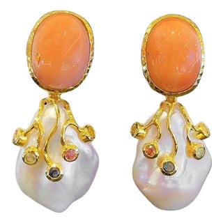Bochic "Capri" Vintage Coral & Fancy Color Sapphire Earrings - 18K Gold & Silver, A Pair For Sale