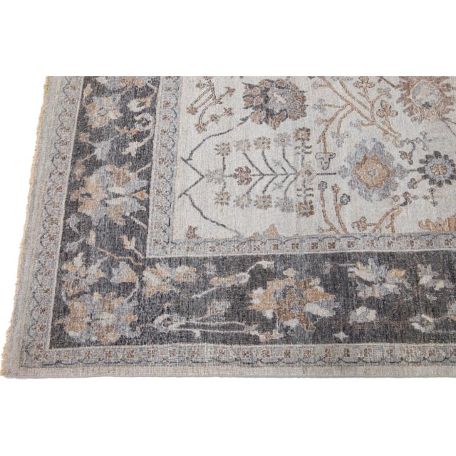 Gray Apadana's Artisan Collection Handmade Floral Wool Rug For Sale - Image 4 of 11