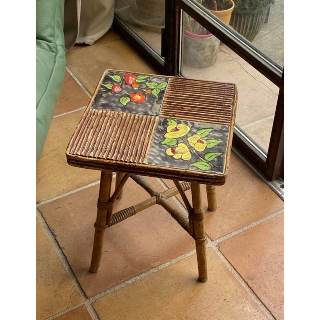 Coffee Table in Rattan and Ceramic attributed to Audoux and Minet attributed to Adrien Audoux & Frida Minet, 1950s For Sale - Image 3 of 15