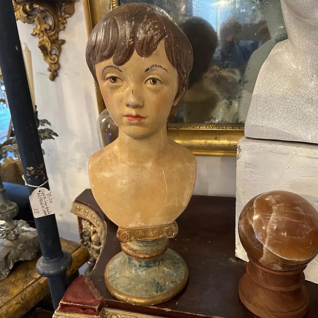 A Neo Classical Revival Hand-Painted Sicilian Terracotta Bust of a Young Boy For Sale - Image 13 of 15