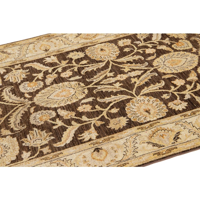Modern Peshawar Handmade Brown Floral Wool Runner For Sale - Image 9 of 12