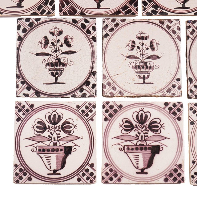 Set of 18 Mulberry Decorated Delft Tiles, C. 1700's For Sale In Chicago - Image 6 of 11