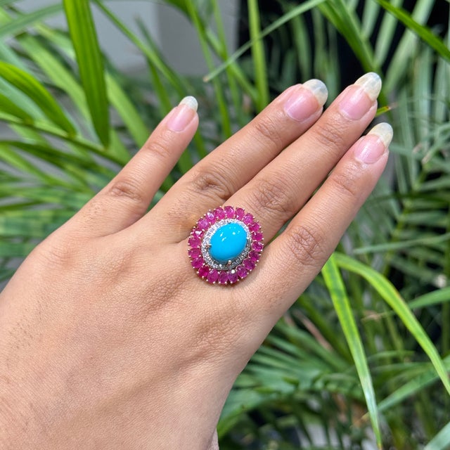 14k Yellow Gold 9.35ct Cabochon Turquoise Ruby & Diamond Halo Cocktail Ring Size 6 For Sale In New York - Image 6 of 18