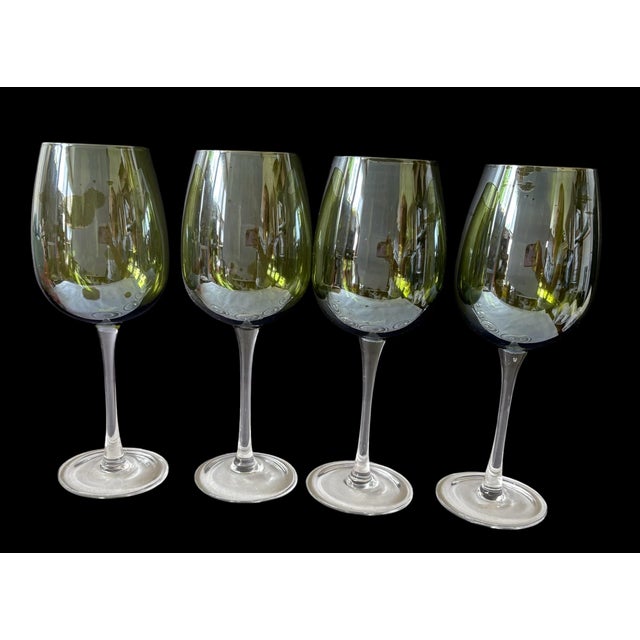 Late 20th Century Mid-Century Modern Style Lustrous Olive Green & Clear Glass Stemmed Wine Goblets - Set of 4 For Sale - Image 4 of 7