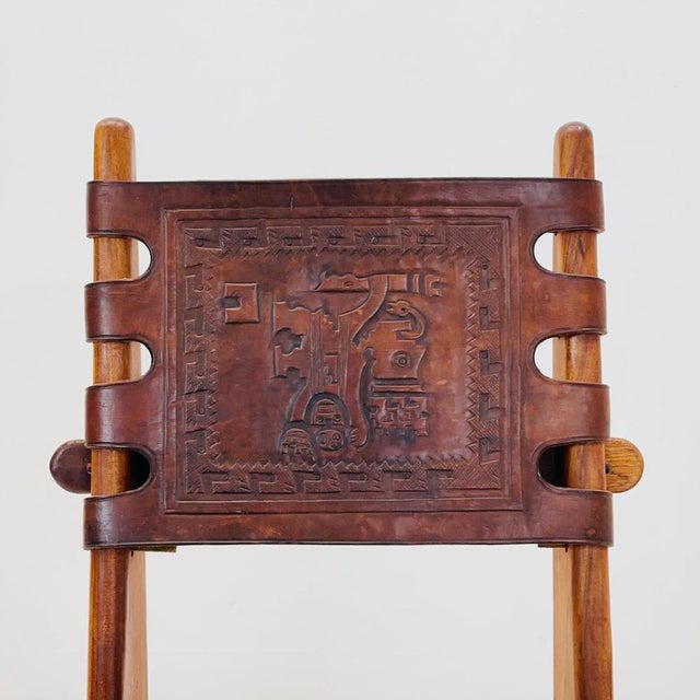 Wood Ecuadorian Dining Chair with Stamped Leather by Angel Pazmino, 1960s For Sale - Image 7 of 11