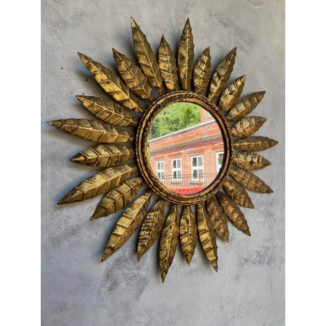Gold Small Spanish Gilt Metal Sunburst Mirror With Pointed Alternating Leaves For Sale - Image 8 of 13