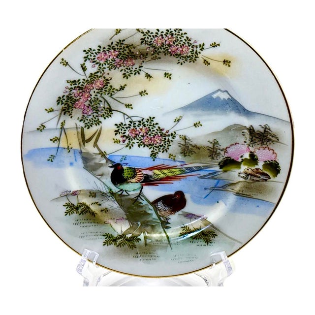Japanese Antique Kutani Hand-Painted Plates With Pheasants and Mt. Fuji Landscape - Set of 5 For Sale - Image 3 of 9