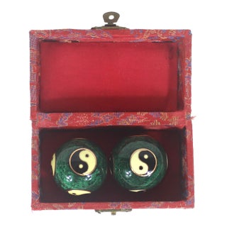 Vintage Chinese Cloisonne Musical Stress or Iron Balls, Boading Baoding Balls With Enamelled Yin-Yang Symbol, Pair or Set in Silk Box Green For Sale