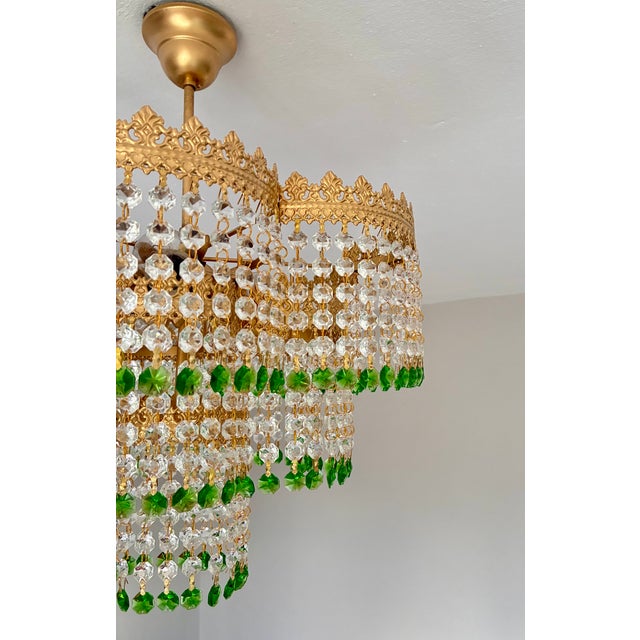 Green Vintage Crystal Tiered Flush Mount Chandelier With Green Crystal Accents - Restored For Sale - Image 8 of 18