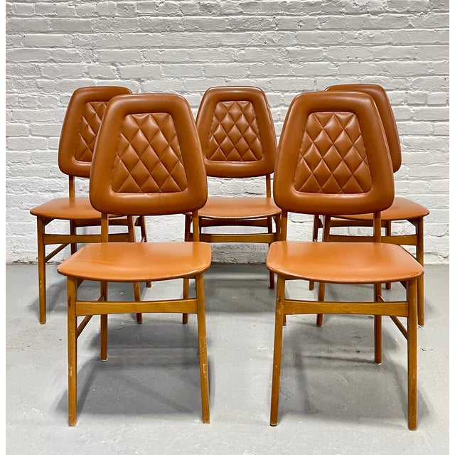 Wood Set of 5 - Mid Century Modern Scandinavian Dining Chairs | Diamond Stitched Upholstery, C. 1960's For Sale - Image 7 of 15