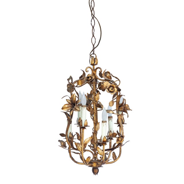 Italian Antique Italian Tole Gold Painted Chandelier For Sale - Image 3 of 12