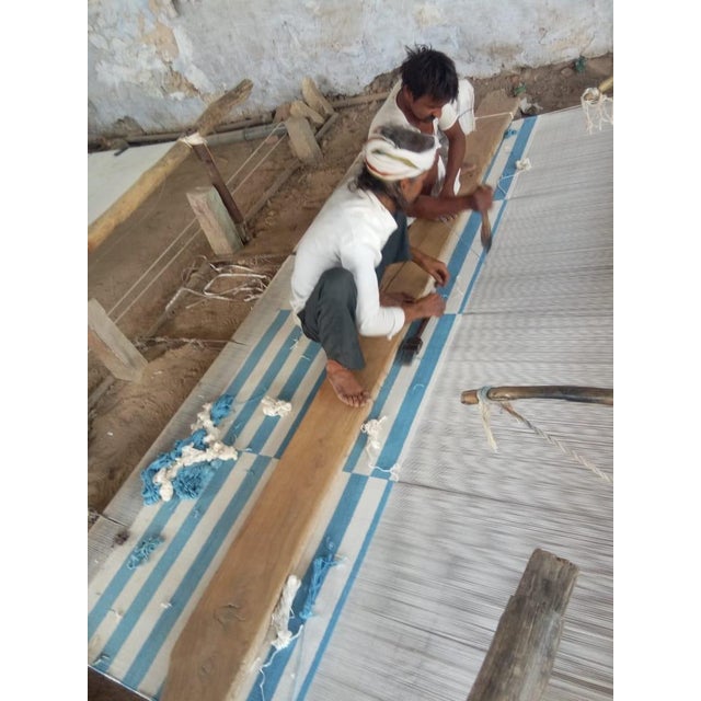 Handmade Sky Blue and White Cotton Vegetable Dyed Striped Rug - 14'x16' For Sale - Image 9 of 9