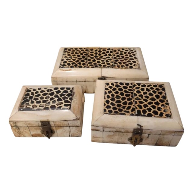 Vintage Set Camel Bone Inlay Rectangular Leopard Top Brass Front Trinket Boxes- Set 3 For Sale