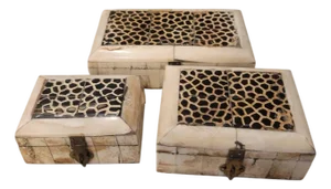 Vintage Set Camel Bone Inlay Rectangular Leopard Top Brass Front Trinket Boxes- Set 3