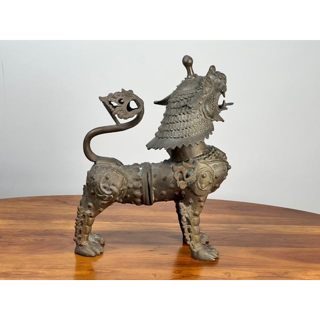 1960s Vintage 17” Cast Brass Pixiu Tibetan Lion C. 1960 For Sale - Image 5 of 9