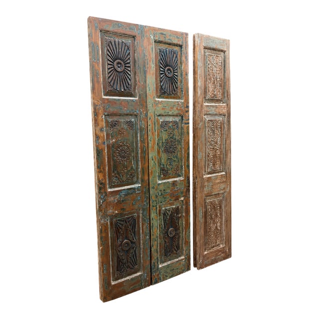 Hand-Carved Floral Reclaimed Wood Barn Door | Rustic Farmhouse Pantry & Interior Statement Door80x32 For Sale