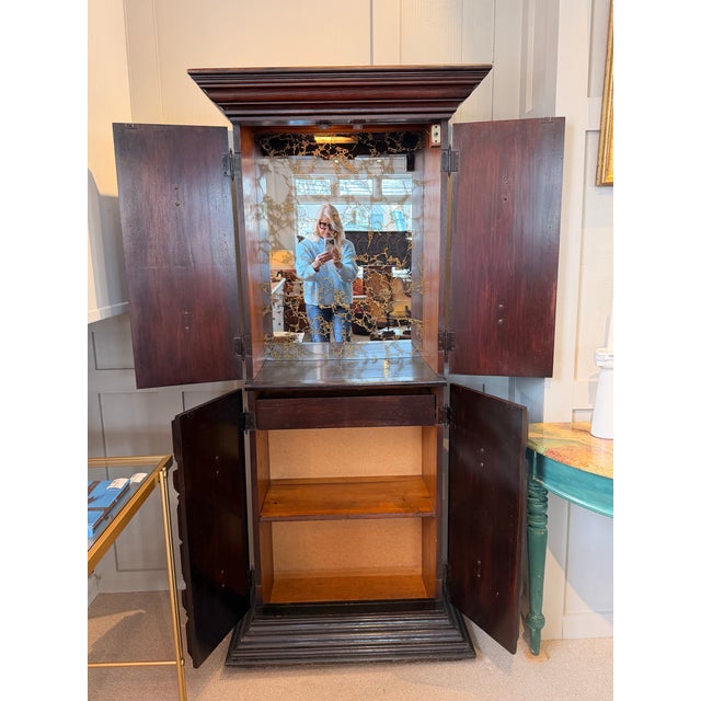 1960s Mid-Century Carved Wood Bar Cabinet With Smoky Glass Interior For Sale - Image 5 of 12