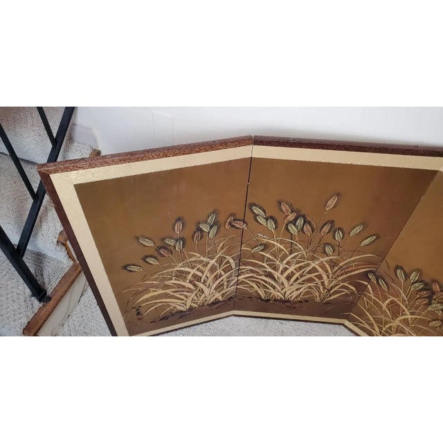 Vintage Japanese Byobu 4-Panel Gold Leaf Folding Screen Hand Painted Wheat Field Signed For Sale In Baltimore - Image 6 of 15