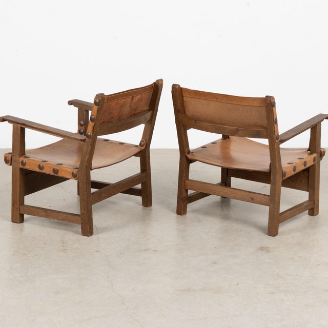 Pair of Mid-Century Spanish Brutalist Cognac Leather Arm Chairs For Sale - Image 17 of 17