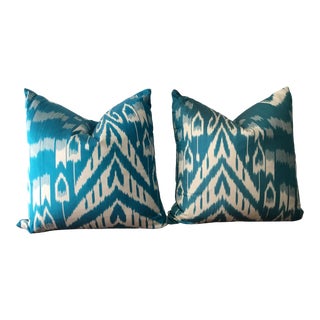 Turkish Silk Ikat Pillows in Light Teal & White - a Pair For Sale