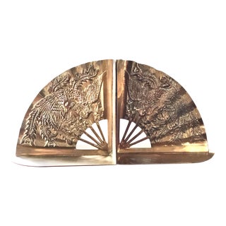 Antique Chinoiserie Fan Brass Bookends - a Pair For Sale