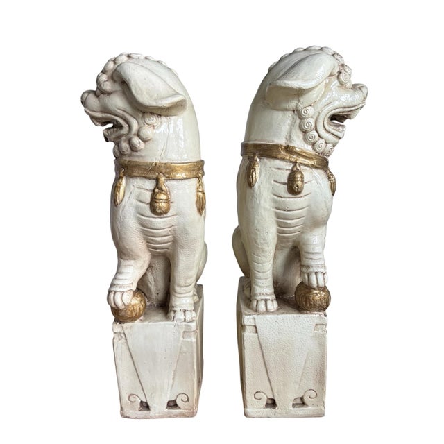 Chinoiserie Huge Vintage Pair of Celadon Cream Glazed Large 30" Foo Dog Statues For Sale - Image 3 of 8