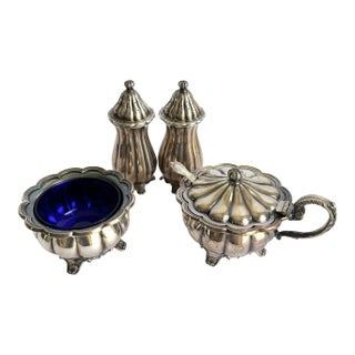 Vintage English Cruet Set Footed Silver Plated Salt & Pepper Shakers Mustard Dish Set of 4 For Sale