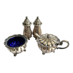Vintage English Cruet Set Footed Silver Plated Salt & Pepper Shakers Mustard Dish Set of 4