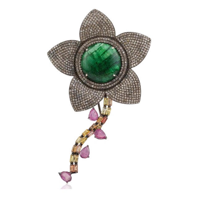 Large Floral Emerald Brooch With Rubies, Sapphires & Diamonds in 925 Silver For Sale