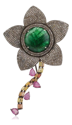 Large Floral Emerald Brooch With Rubies, Sapphires & Diamonds in 925 Silver
