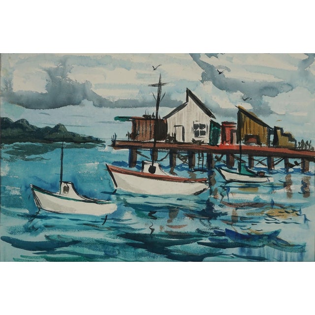 Mid Century Modern Nautica Landscape of Boats and Wharf in Acrylic on Paper Vibrant mid century landscape by California...