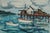 Mid Century Modern Nautica Landscape of Boats and Wharf in Acrylic on Paper Vibrant mid century landscape by California...