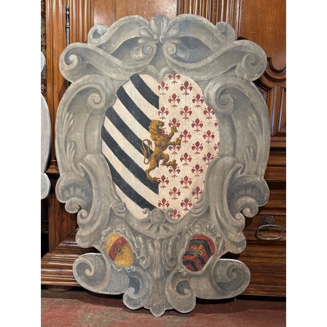 Pair Early 20th Century Italian Carved and Painted Wall Hanging Heraldic Shields For Sale - Image 4 of 11