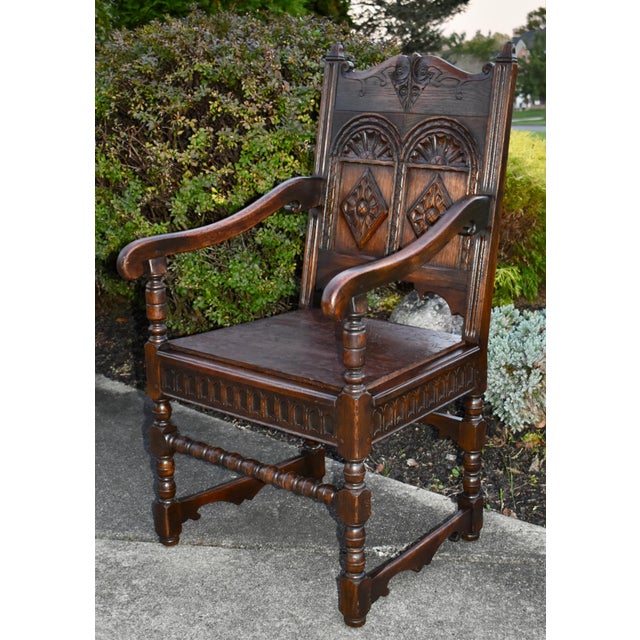 Antique Kittinger Solid Oak Carved Tudor Style Chair W/Pillow For Sale In Philadelphia - Image 6 of 13