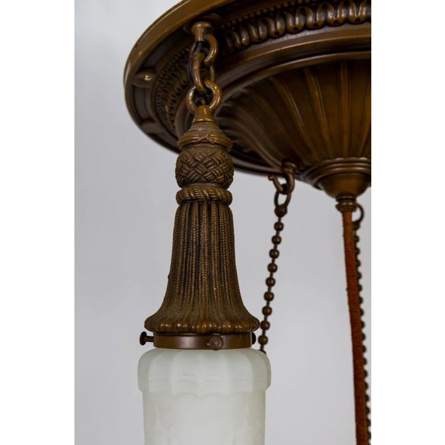 Early 20th Century Early 20th Century Brass & Milk Glass Pan Style Chandelier W/ Rope & Urn Details For Sale - Image 5 of 13