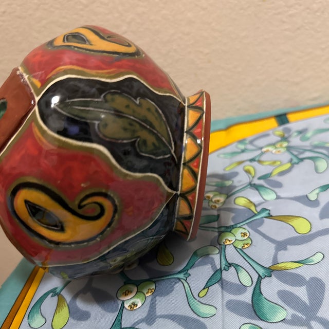 Red Vintage Art Nouveau Style Studio Pottery Vase – Hand-Painted Floral & Geometric Twin-Handled Ceramic Vase For Sale - Image 8 of 10