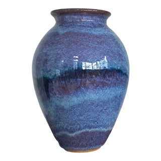 1980s Signed Gradient Blue Studio Pottery Urn For Sale