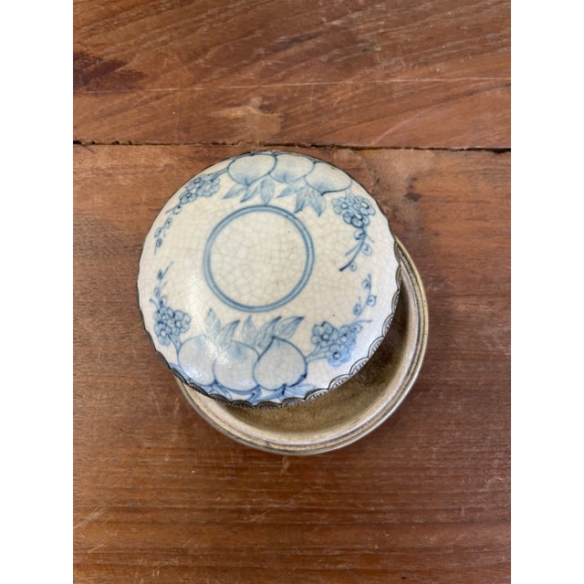 Metal Possibly Antique Chinese Blue and White Porcelain Lidded Box With Bronze Toned Mounts, Late Qing Dynasty. For Sale - Image 7 of 10