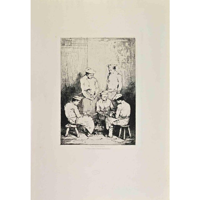 Les Eplucheurs is a black and White etching realized by Théodule Ribot in the Late 19th Century. Titled in the lower....