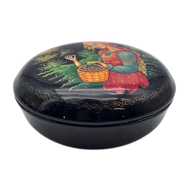 Wood Russian Palekh Style Hand Painted Lacquer Miniature Trinket Box Signed “Autumn” 2.125" For Sale - Image 7 of 16