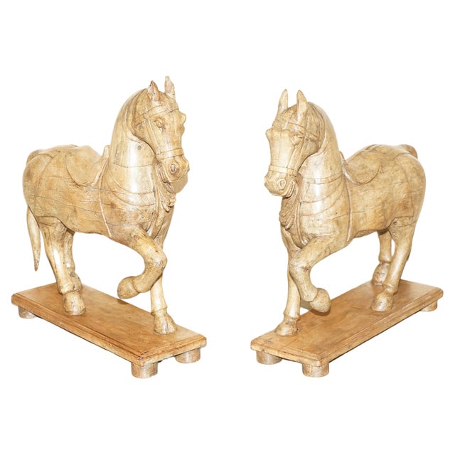 Decorative Hand Carved Wooden Statues of Horses, 1880, Set of 2 For Sale