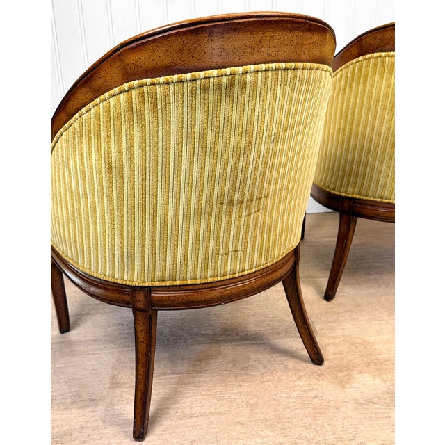 1970s Vintage Neoclassical Gold Stripped Mahogany Barrel Club Chairs - A Pair For Sale - Image 5 of 11