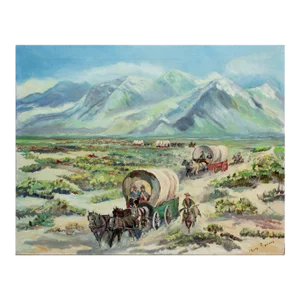 1970s "Oregon Trail" Western Figural Landscape Painting by Harry Roerade