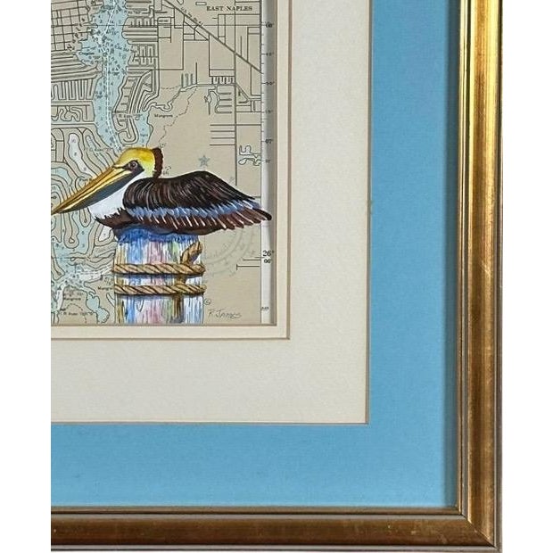 Vintage Ruth James Hand-Painted Pelican and Naples, Florida, Nautical Map Art For Sale - Image 9 of 11